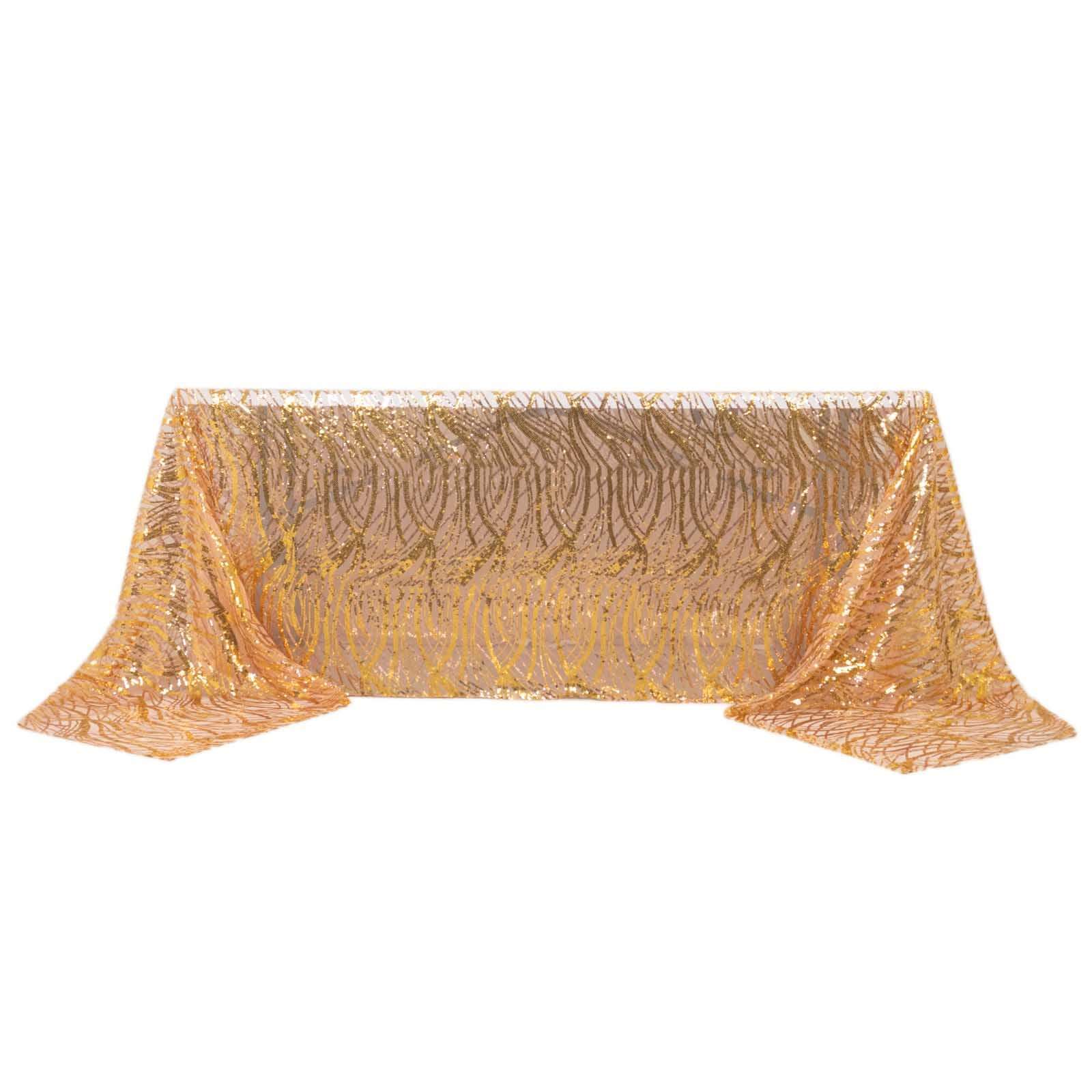 Mesh 90"x156" Rectangle Tablecloth Rose Gold/Gold - Wave Sequin Embroidered Table Cover