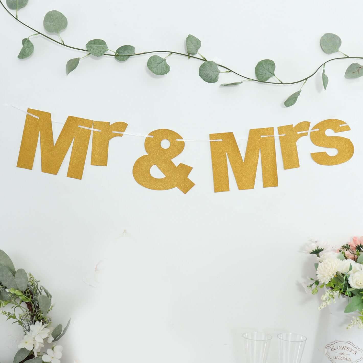 3ft Gold Glittered Mr and Mrs Paper Hanging Wedding Anniversary Banner, Party Garland Banner