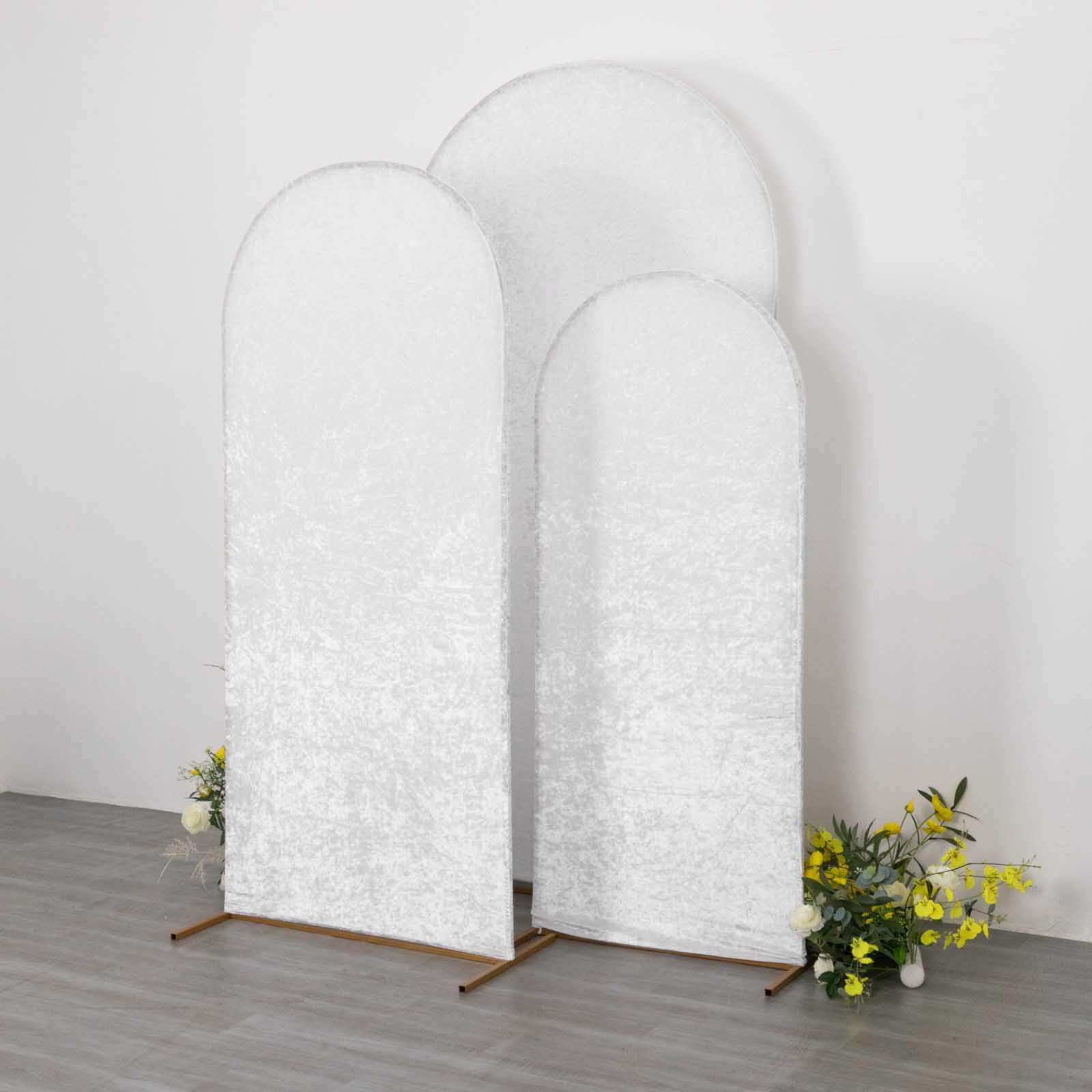 Set of 3 White Crushed Velvet Chiara Backdrop Stand Covers For Round Top Wedding Arches - 5ft, 6ft, 7ft