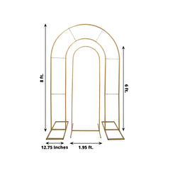 Set of 2 Gold Metal Round Top Chiara Backdrop Stand Wedding Arches, Double Arch Floral Balloon Frame Ceremony Arbors - 6ft,8ft