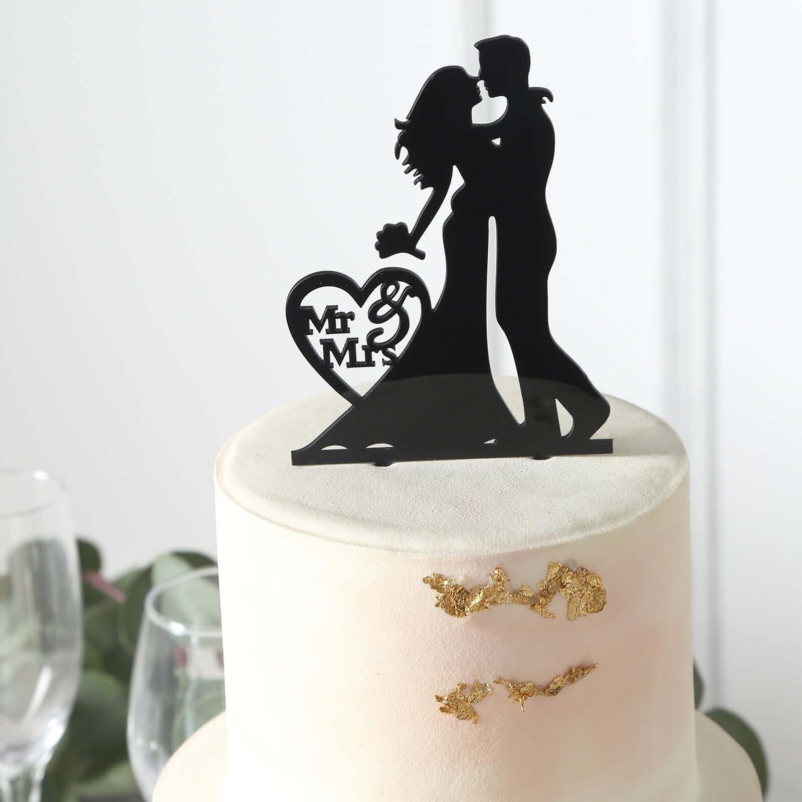 Acrylic Cake Toppers Black Silhouette Design Mr and Mrs - Wedding Cake Decoration Set 7"