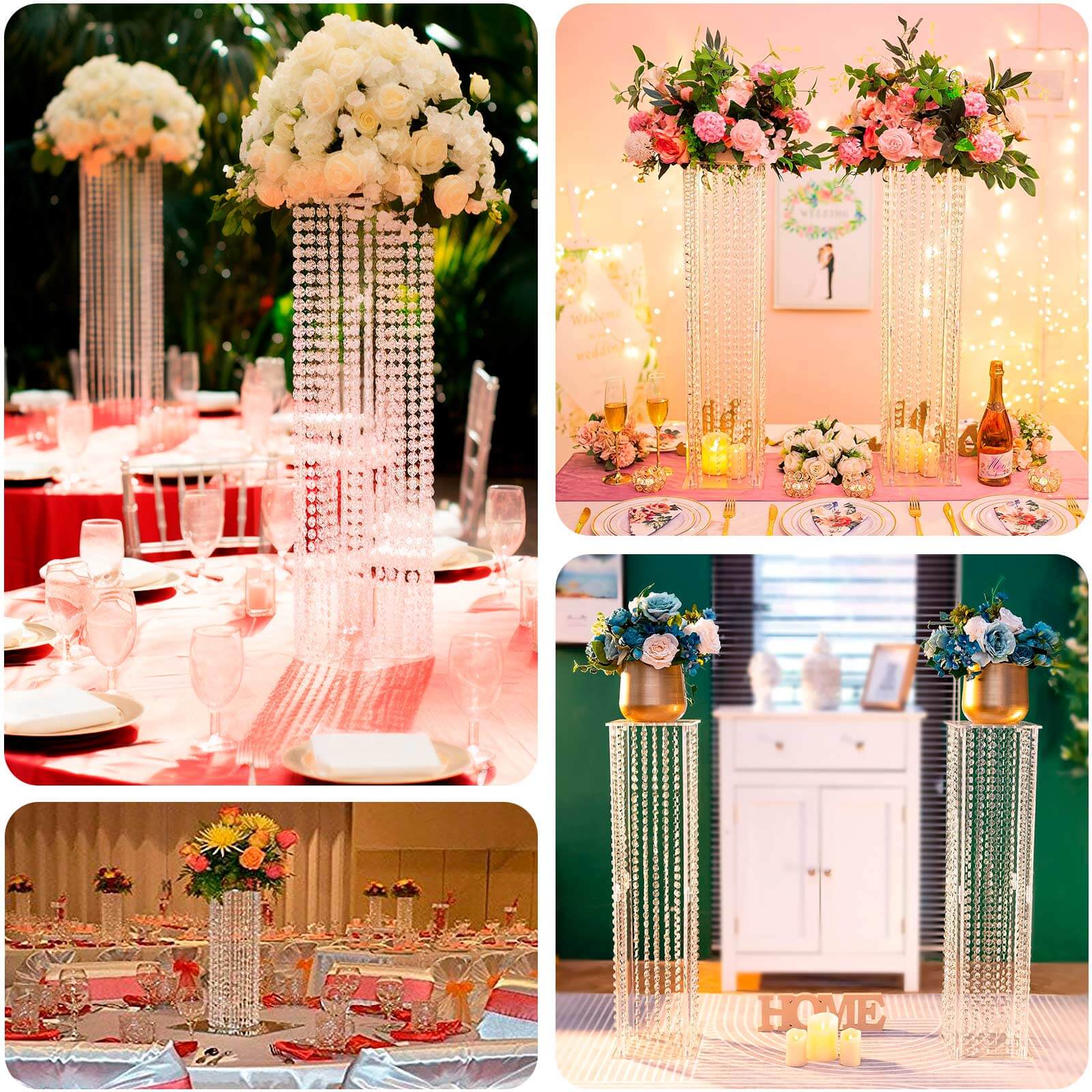 Acrylic Flower Pedestal Vase Pillar Stand with Crystal Beads Clear - Decorative Wedding Floor Centerpiece 32"