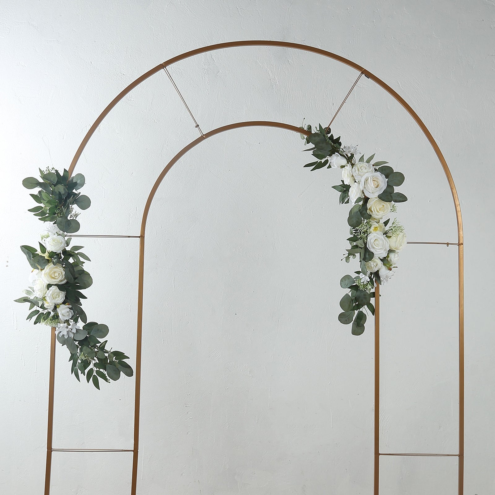 Set of 2 White Silk Rose Wedding Arch Flowers with Eucalyptus Leaves, Artificial Floral Swag Arrangement Party Decorations - 20",30"