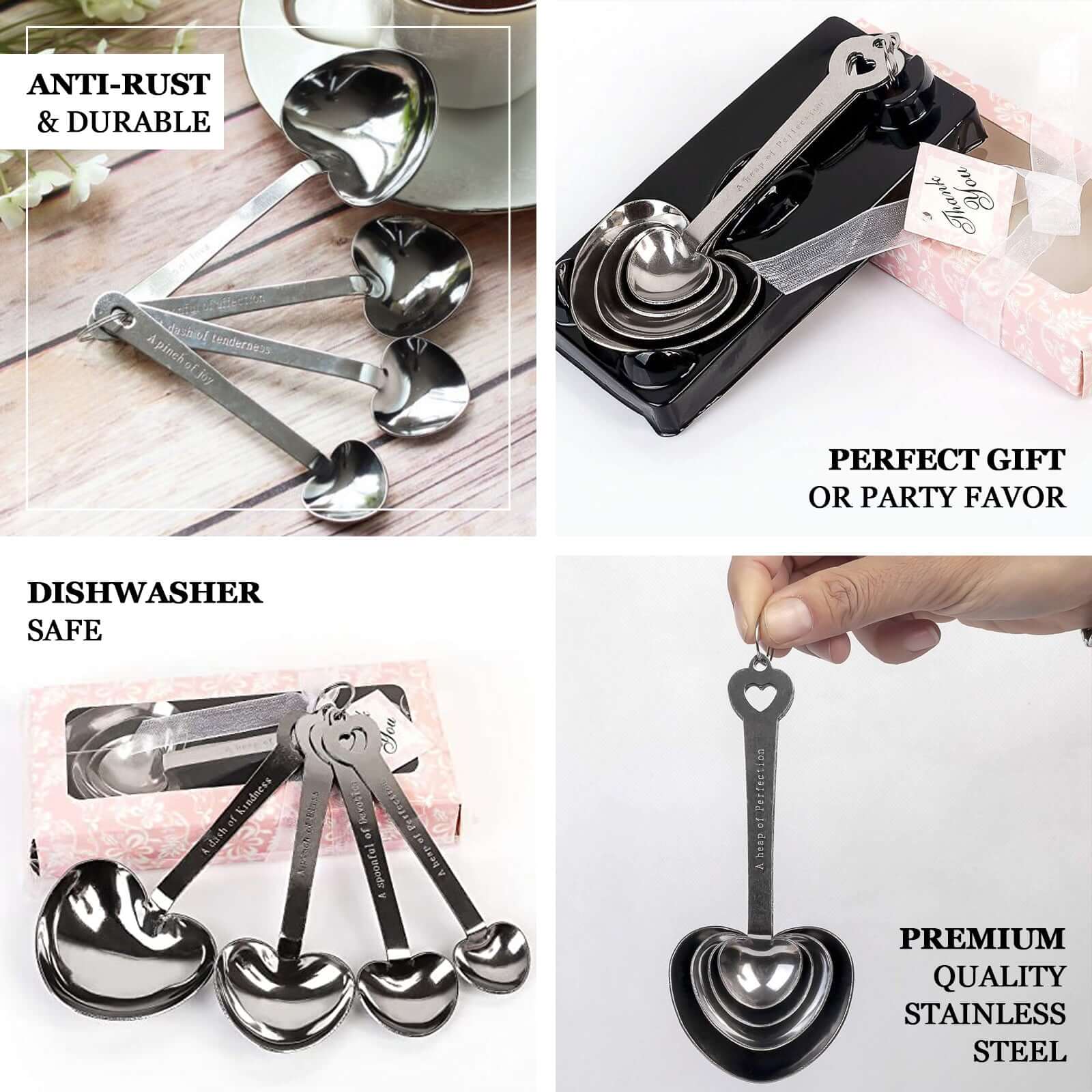 Set of 4 Engraved Silver Heart Measuring Spoon Wedding Party Favors Set, Free Gift Box & Thank You Tag Included