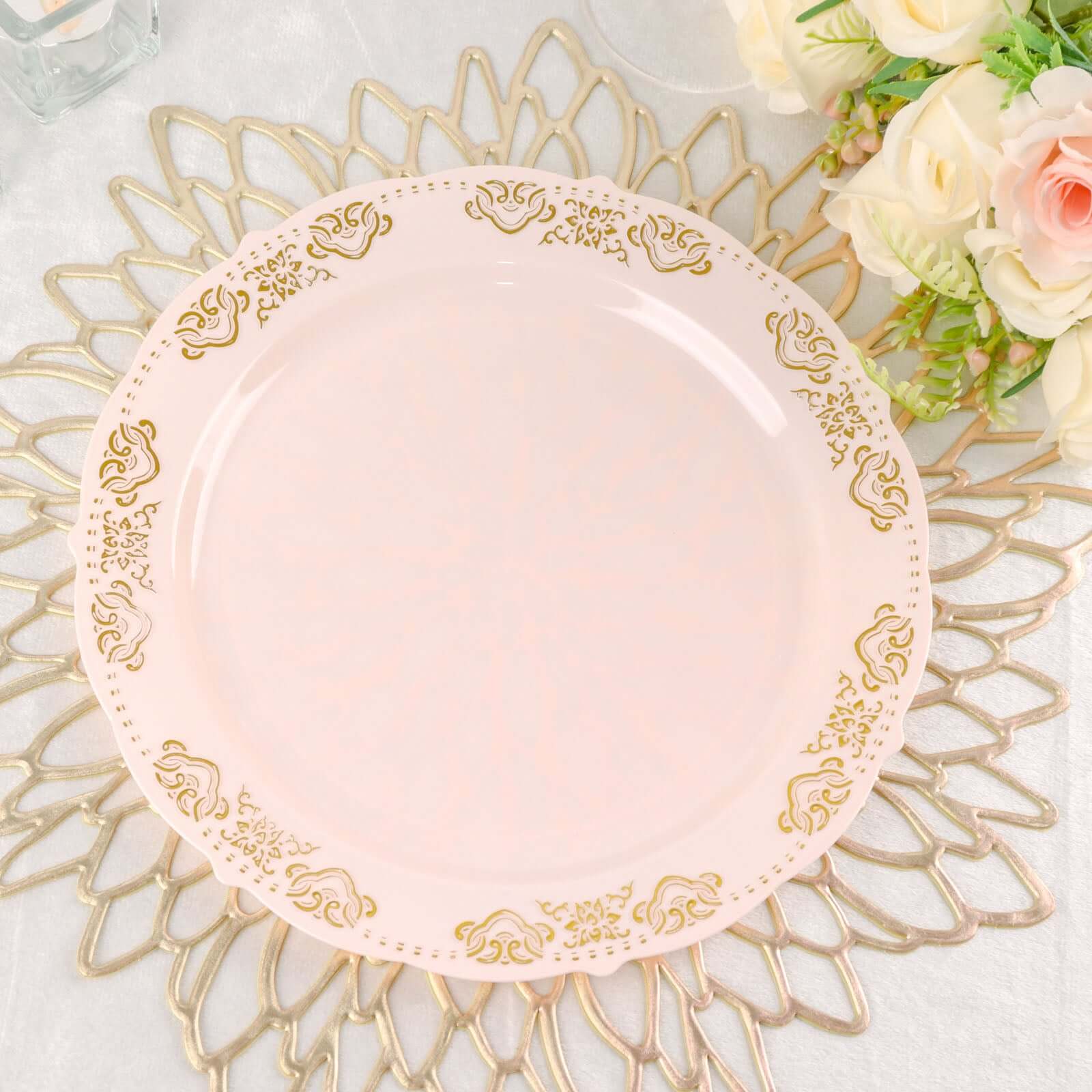 10-Pack Plastic 10" Round Dinner Plates in Blush with Gold Embossed Scalloped Edge - Chic Disposable Party Plates for Special Occasions & Banquets