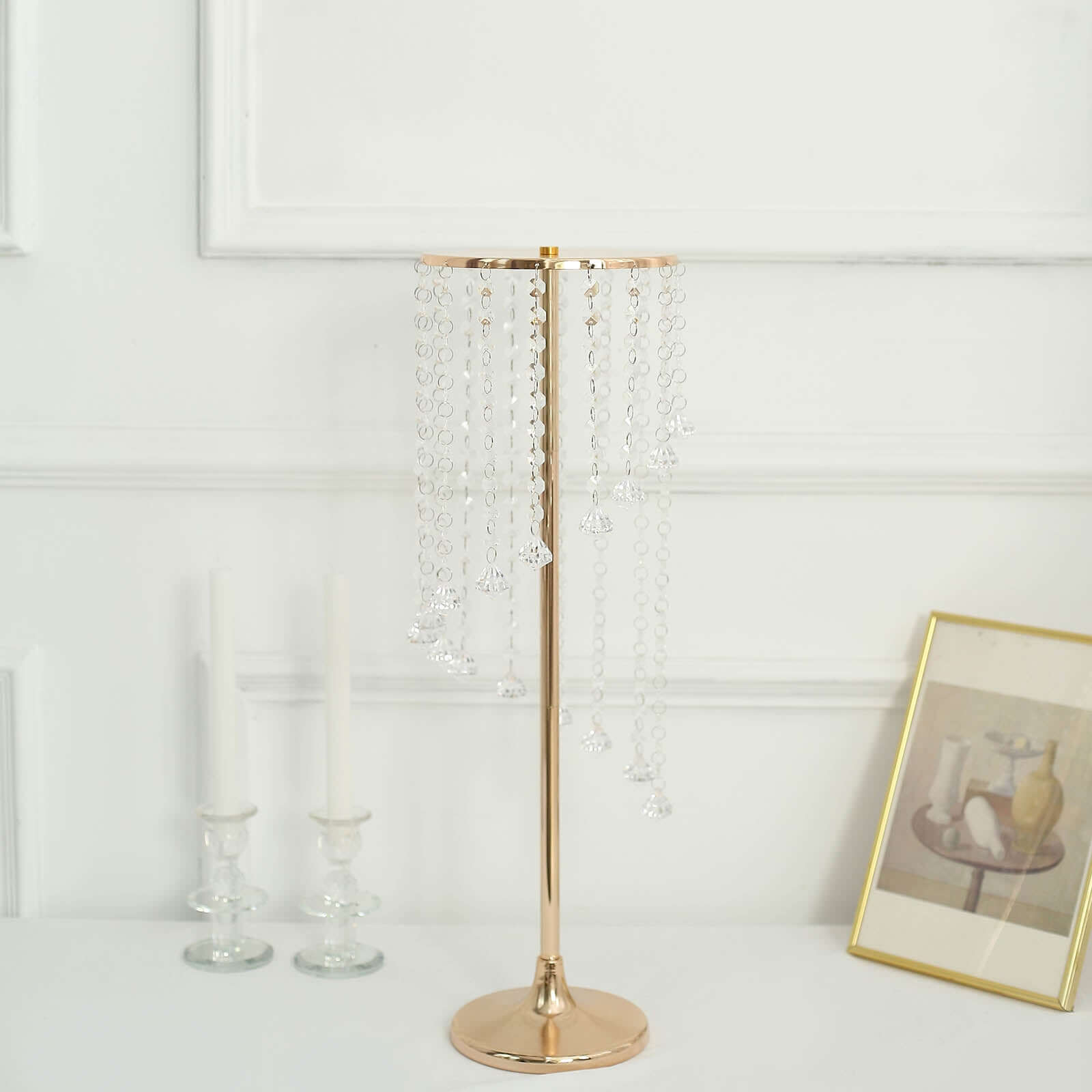 2-Pack Metal Flower Stand Gold with Spiral Hanging Beads - Crystal Pedestal Table Wedding Centerpiece 24"