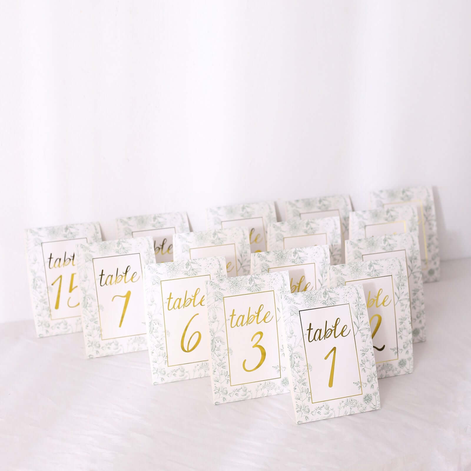 25-Pack Paper Wedding Table Numbers 1-25 White/Sage Green French Toile Design - Free Standing Double Sided Table Signs with Glam Gold Foil Numbers 7"