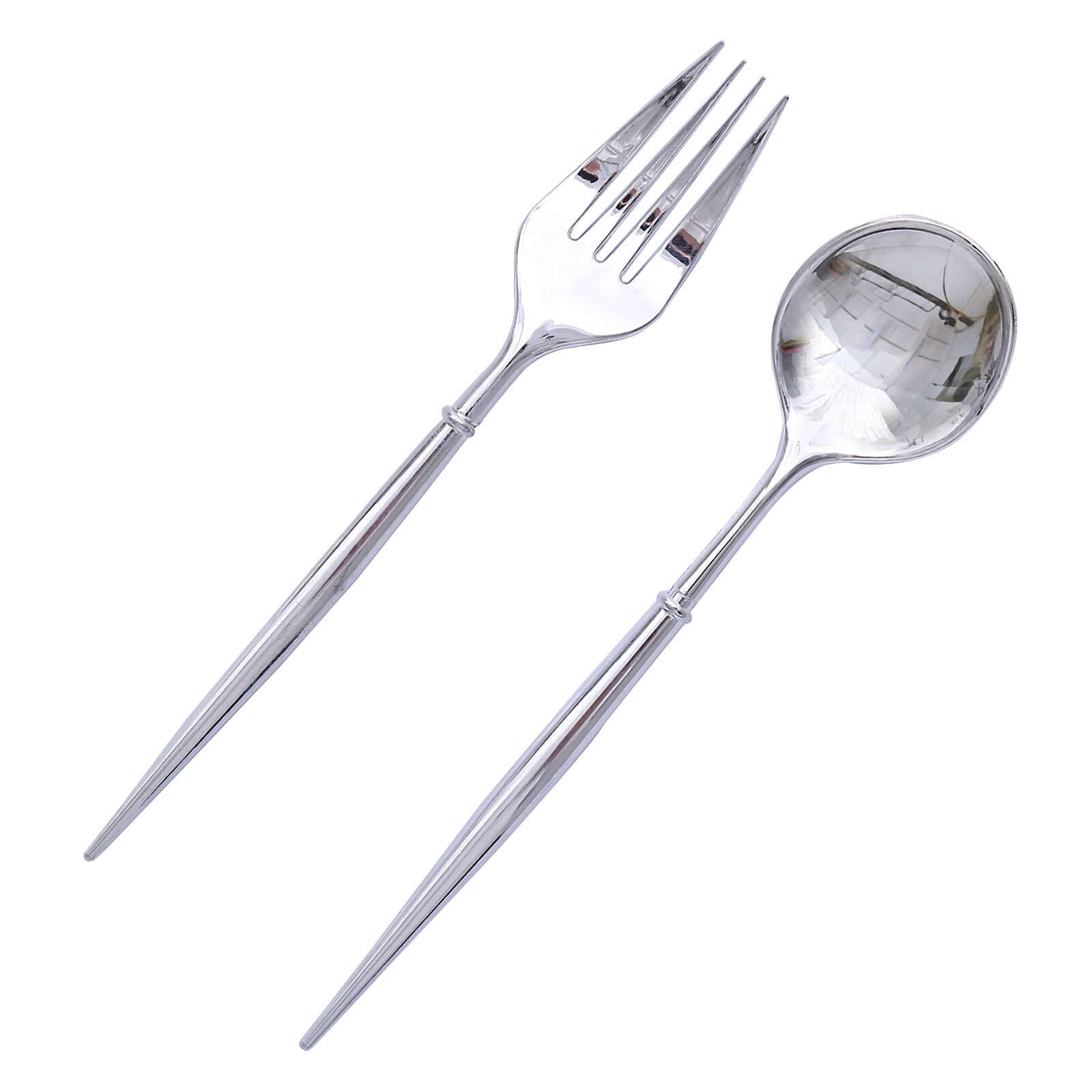 24-Pack Plastic Fork and Spoon Set Metallic Silver - Heavy Duty Disposable Modern Utensils 6"