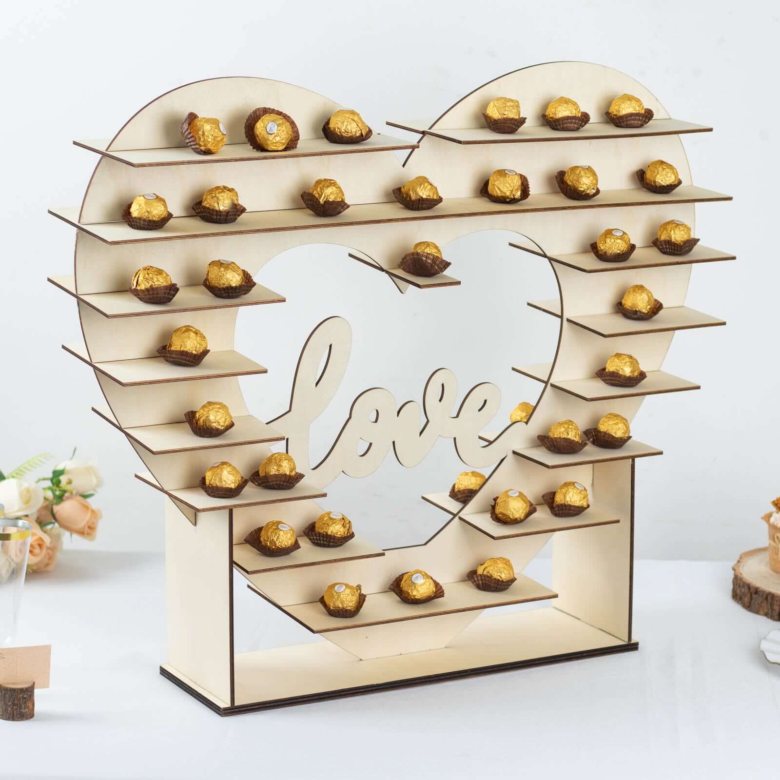 8-Layer Wooden Dessert Display Stand Heart Shaped Double Sided Design Natural - "Love" Cupcake Shelf Table Rack 26"