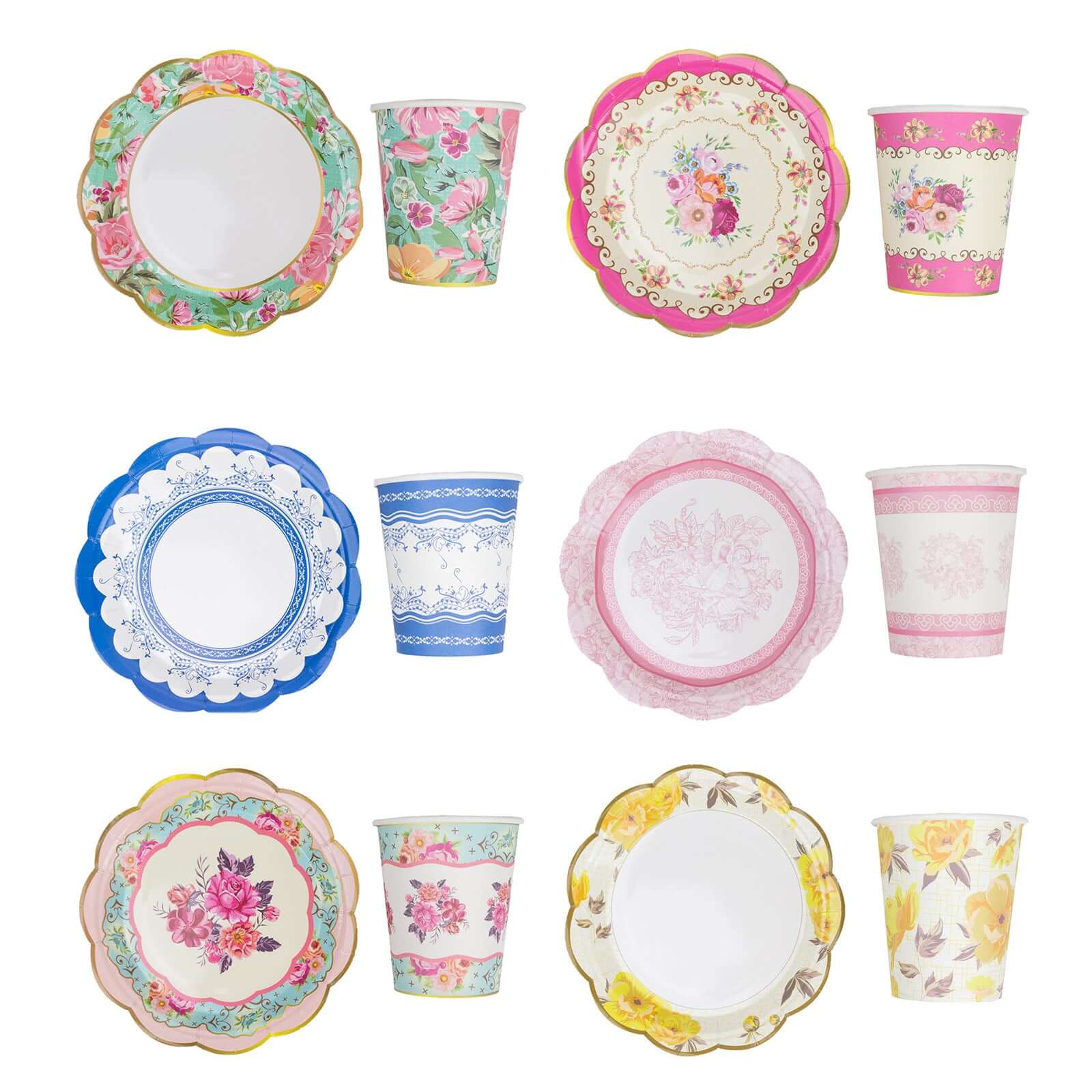 24-Pack Paper Cup and Saucer Set in Mixed Vintage Floral Print - Disposable Tea Party Supplies Kit for Baby Showers & Birthdays
