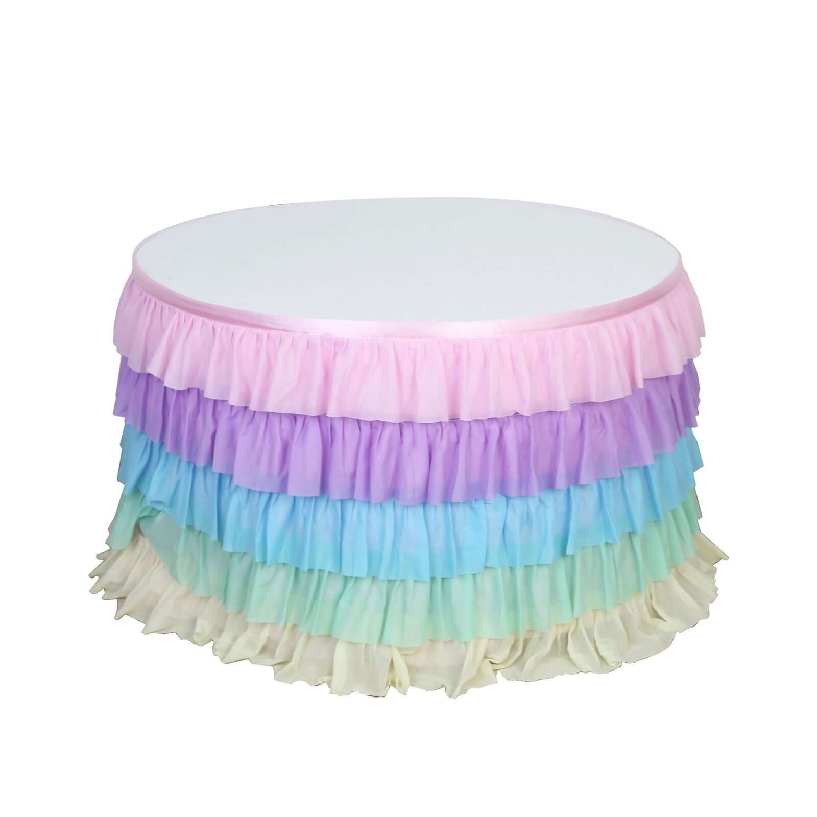 Chiffon 14ft Table Skirt Gradient Unicorn - 5-Tier Ombre Ruffled Tutu Table Cover with Satin Backing for Enchanting Events