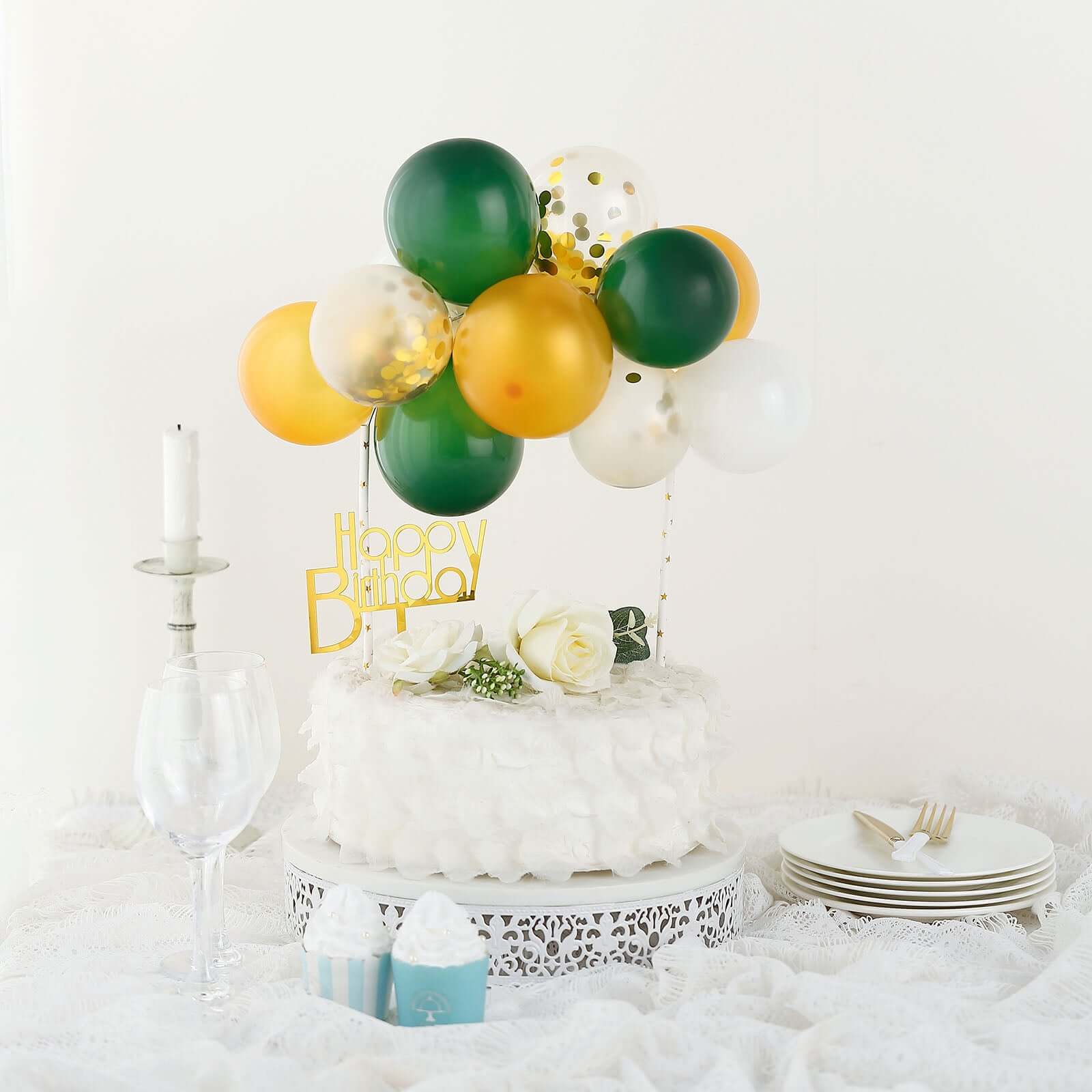 14 Pcs Balloon Cake Topper Clear, Gold, Hunter Green and White - Whimsical Clustered Mini Garland Cake Inserts DIY Party Decorations