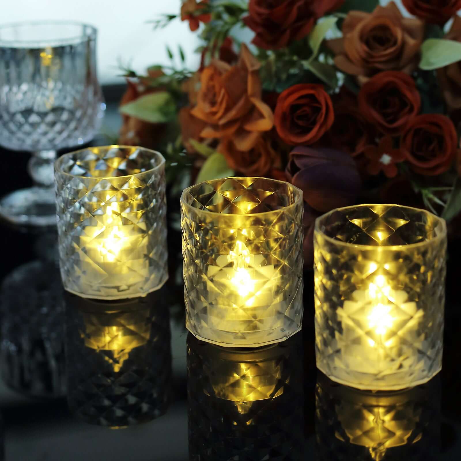 12-Pack LED Tealight Candle Holders Whiskey Glass Design Clear - Warm White Battery Operated Lights 3"