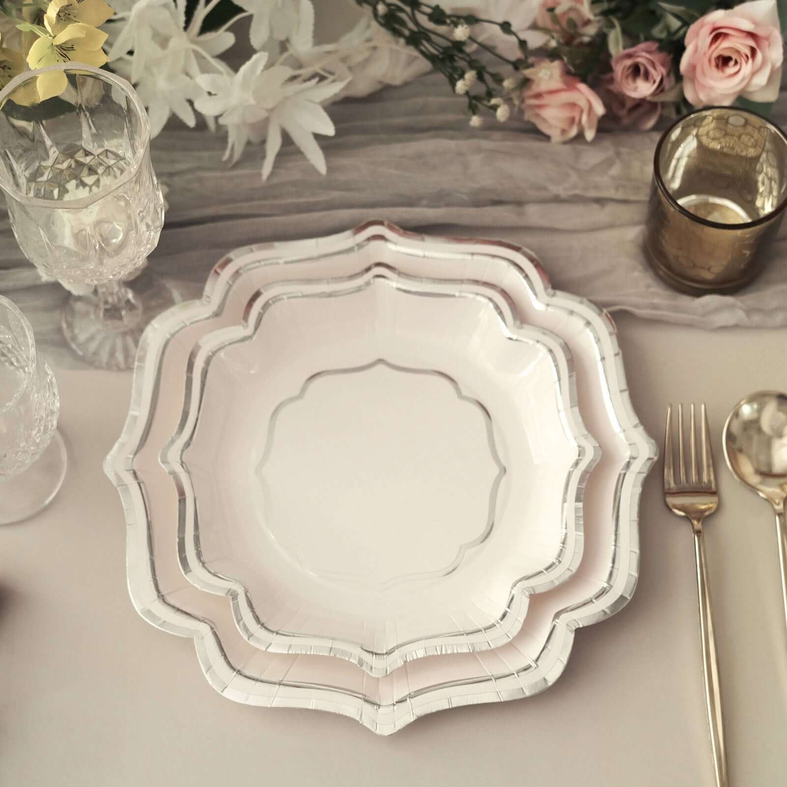 25-Pack Paper Dinner Plates in White with Silver Scallop Rim - Disposable 300GSM Party Plates 10"