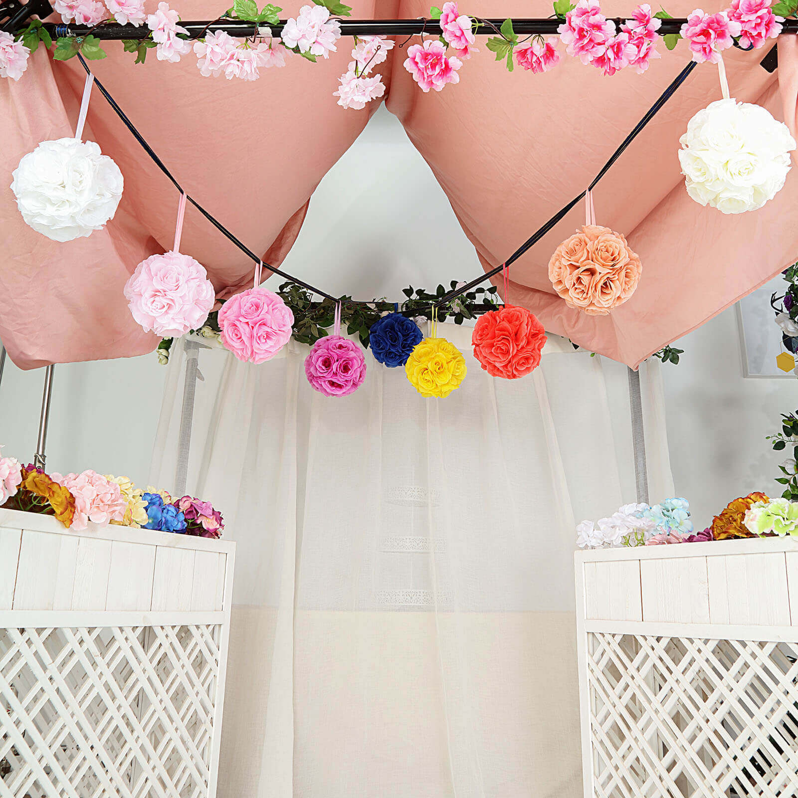 2 Pack 7" White Artificial Silk Rose Kissing Ball, Faux Flower Ball