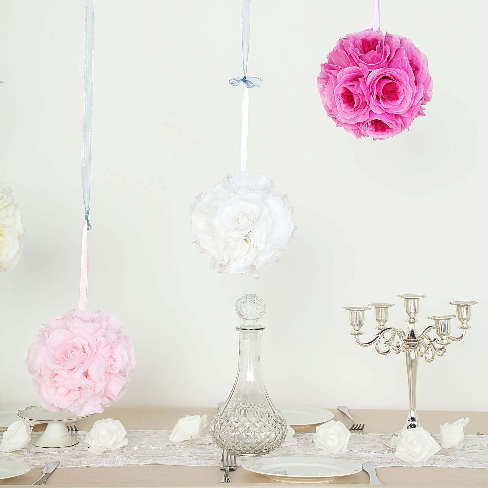 2 Pack 7" White Artificial Silk Rose Kissing Ball, Faux Flower Ball