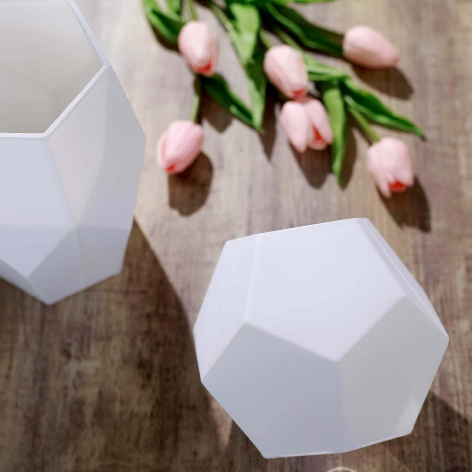 Set of 2 Glass Flower Vases Geometric Design Matte White - Stylish Modern Candle Holder Centerpieces 5", 8"