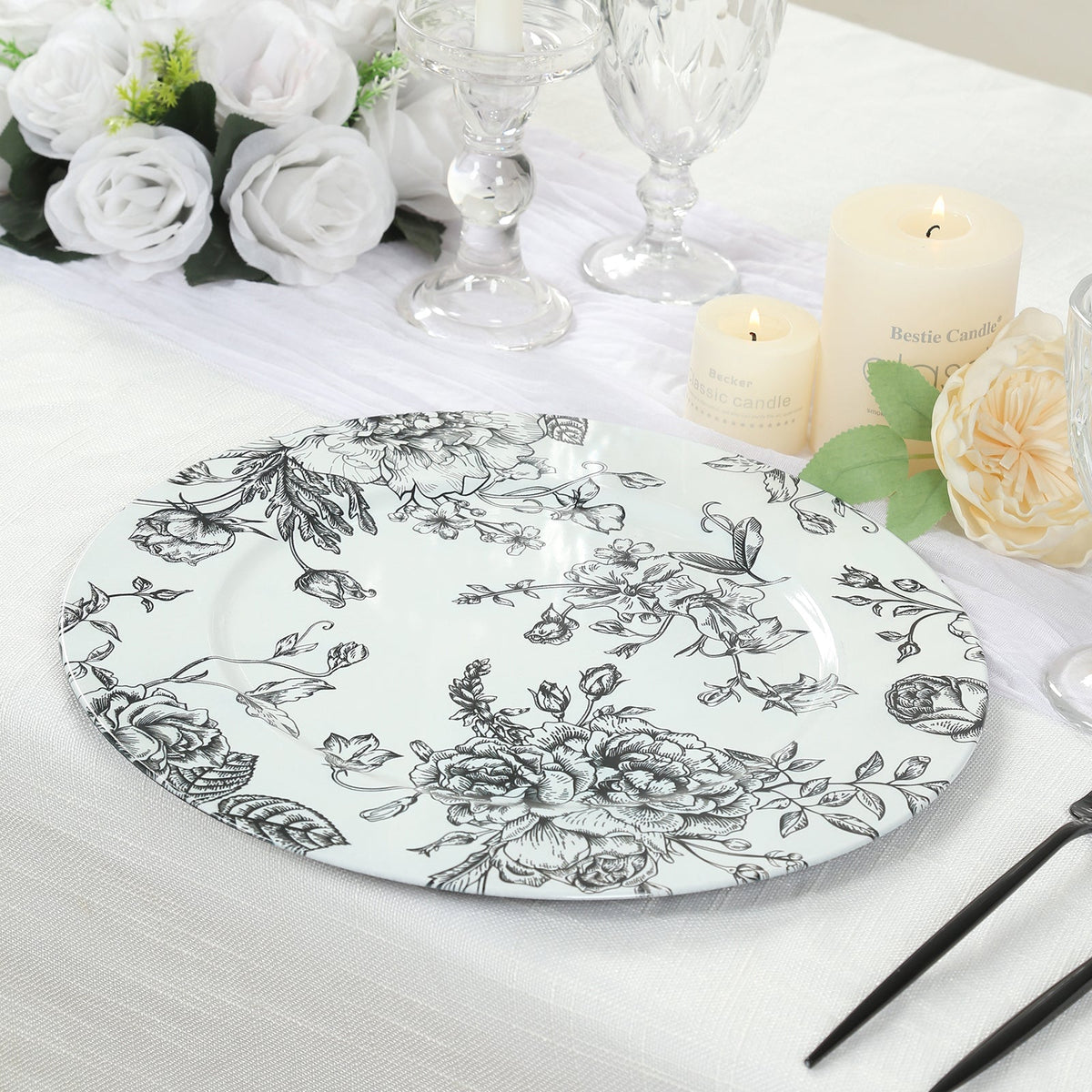 6-Pack Acrylic Round Charger Plates 13" in White with Black Floral French Toile Pattern, Decorative Dinner Party Charger Tableware
