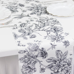 Polyester Table Runner 12"x108" White with Black French Toile Floral Print Reusable Table Décor