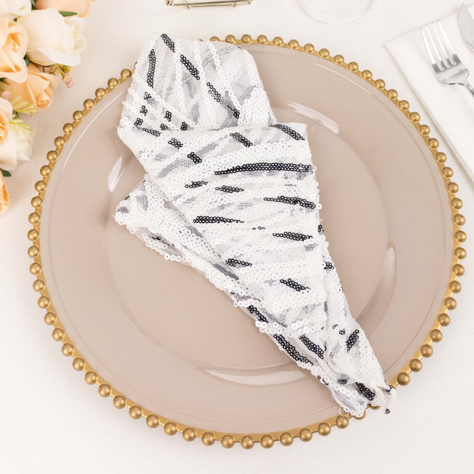 Sequin Mesh 20"x20" Napkin White Black - Wave Embroidered Reusable Napkin