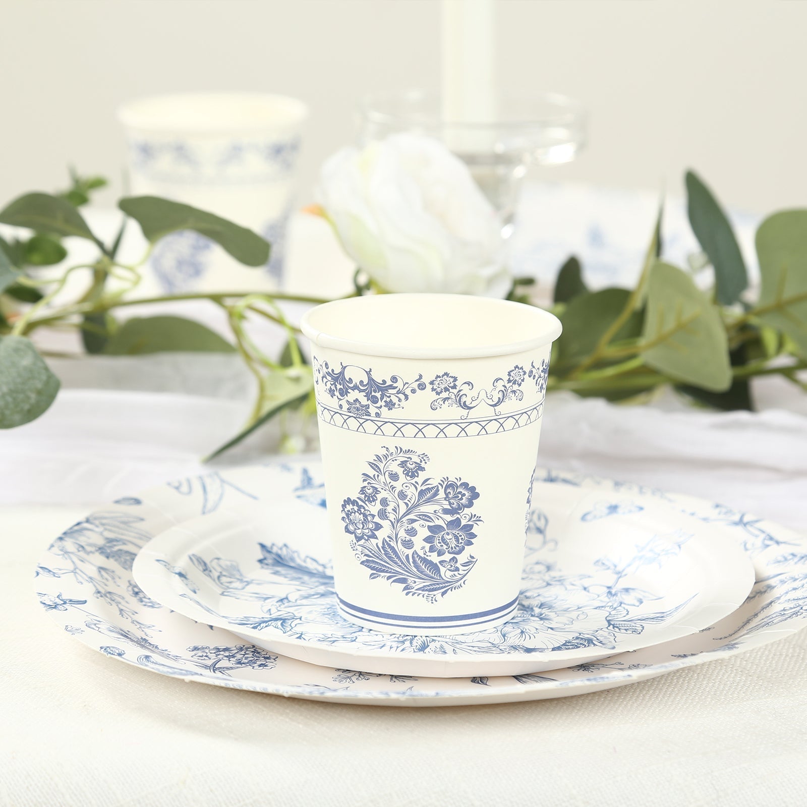 24 Pack Disposable Paper Cups in White Royal Blue Damask Floral Pattern, Elegant Party Cups - 9oz