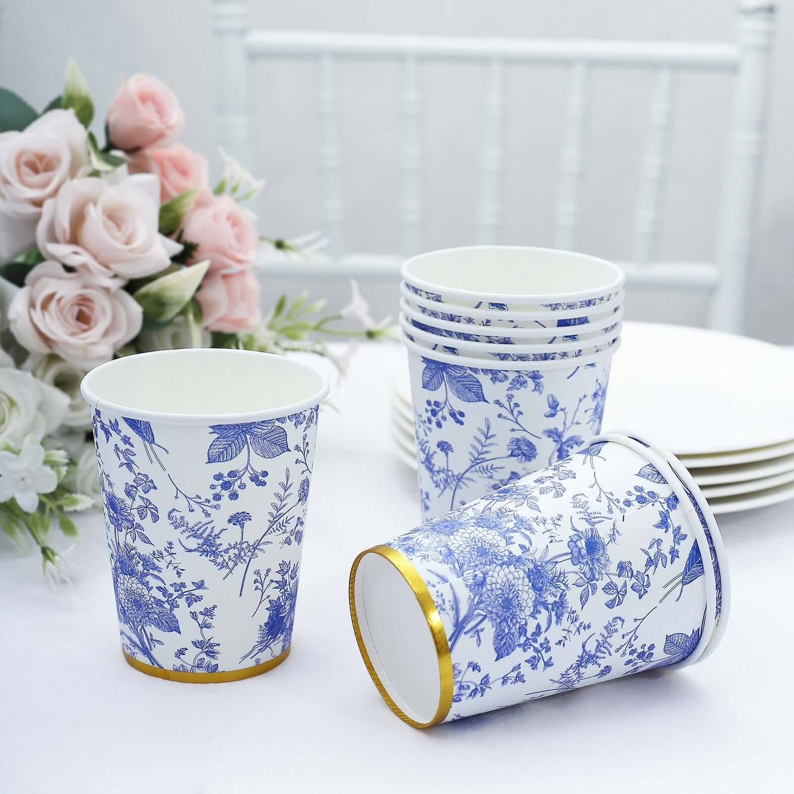 24 Pack Disposable Paper Cups in White Royal Blue French Toile Pattern with Gold Rim, Elegant Party Cups - 9oz