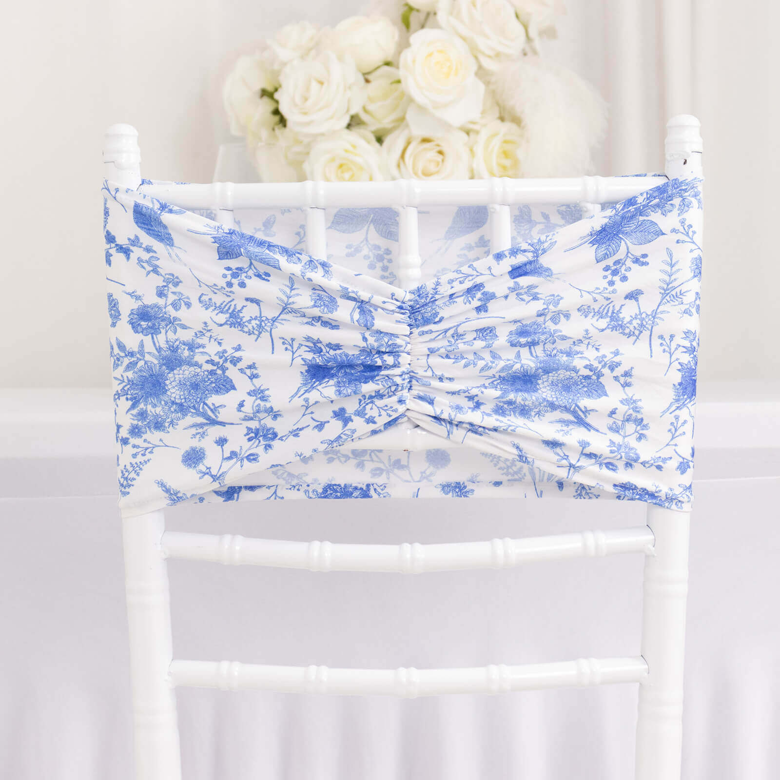 5 Pack Spandex Chair Sashes White/Blue French Toile Floral Pattern - Vintage-Inspired Wide Wrinkle-Free Stretchable Chair Bands 8"x13"