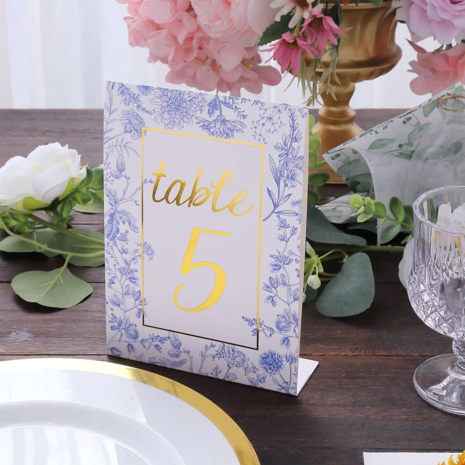 25-Pack Paper Wedding Table Numbers 1-25 White/Blue French Toile Design - Free Standing Double Sided Table Signs with Glam Gold Foil Numbers 7"