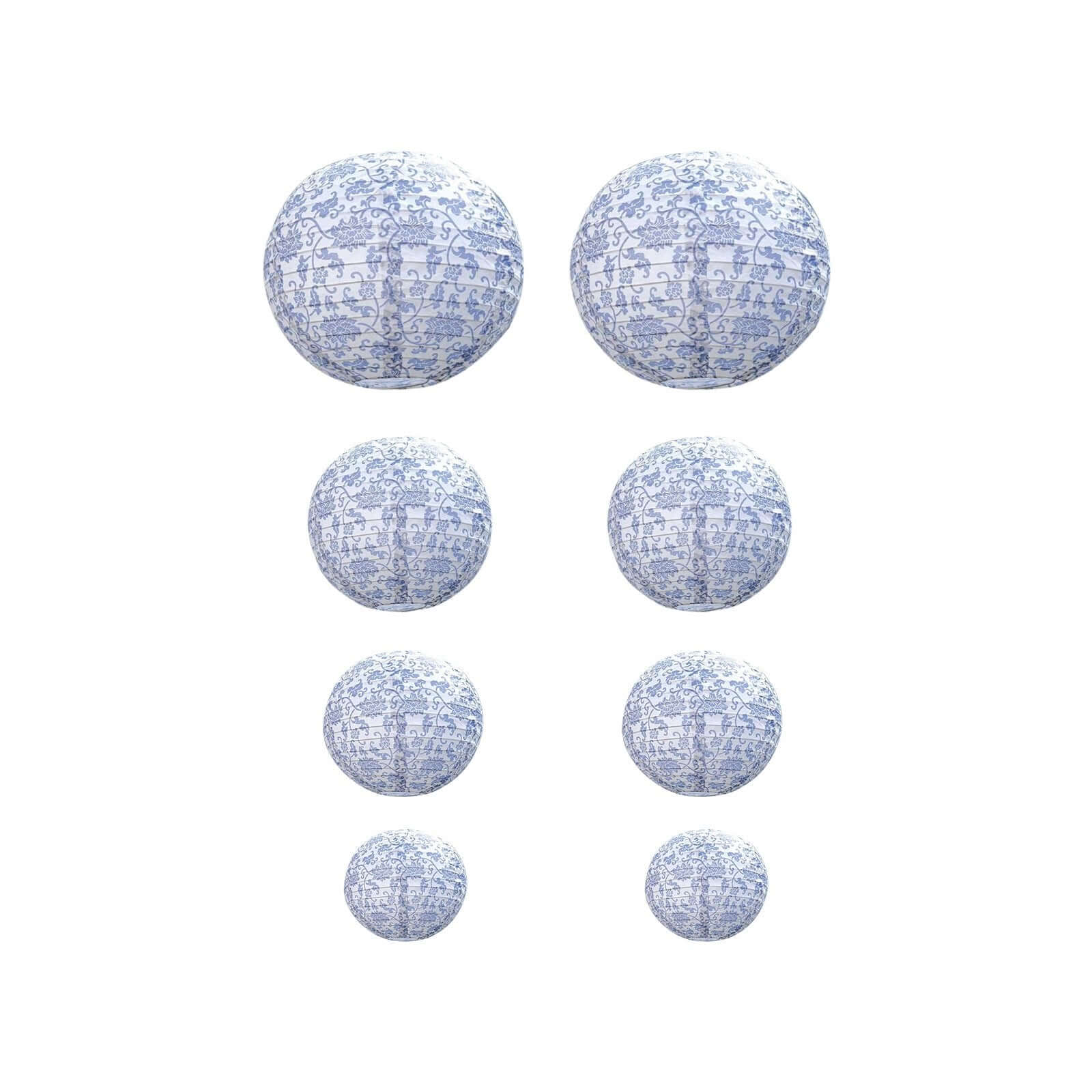 Set of 8 White Blue Hanging Chinese Lanterns in French Toile Floral Pattern, Festival Paper Lanterns - 6",8",10",14"