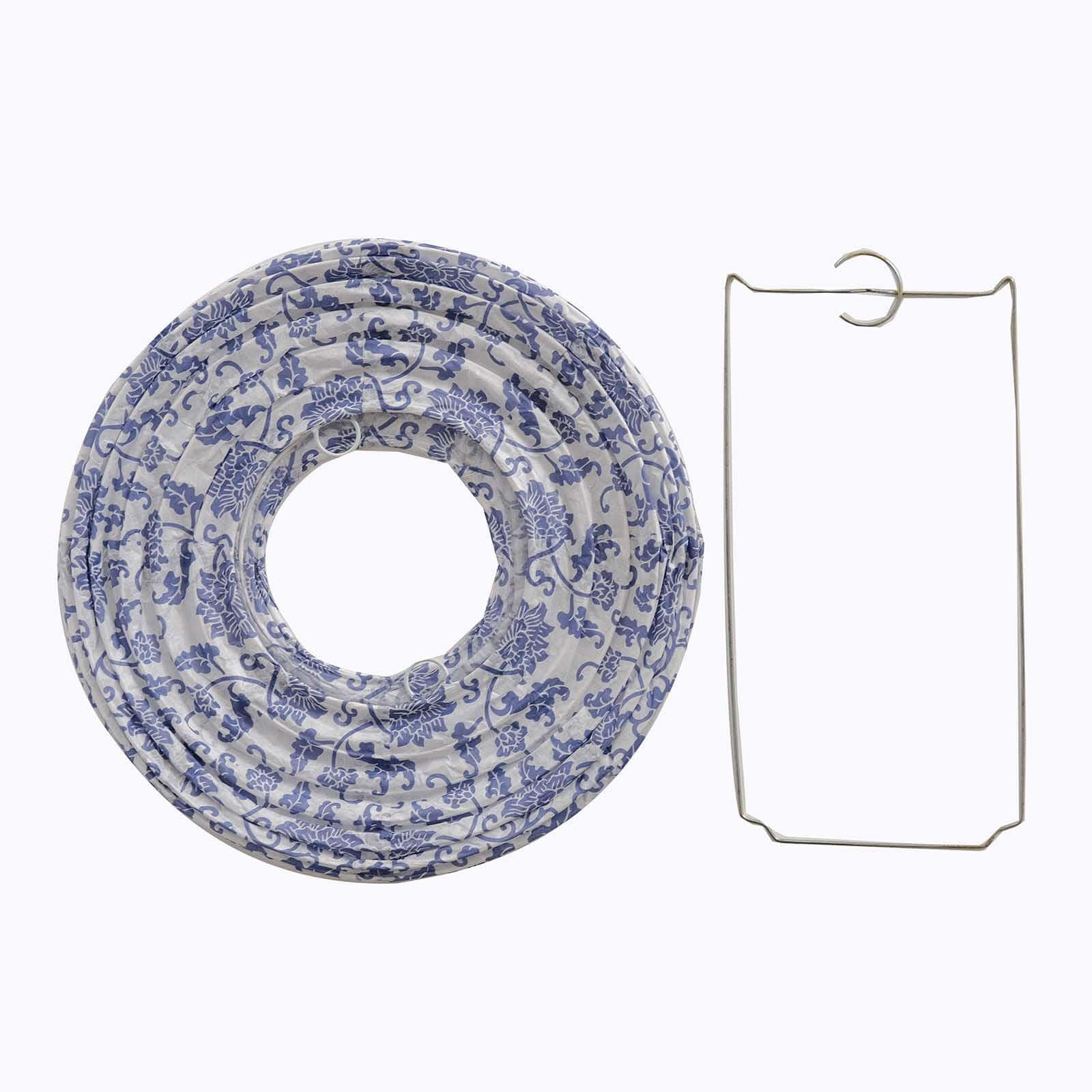 Set of 8 White Blue Hanging Chinese Lanterns in French Toile Floral Pattern, Festival Paper Lanterns - 6",8",10",14"