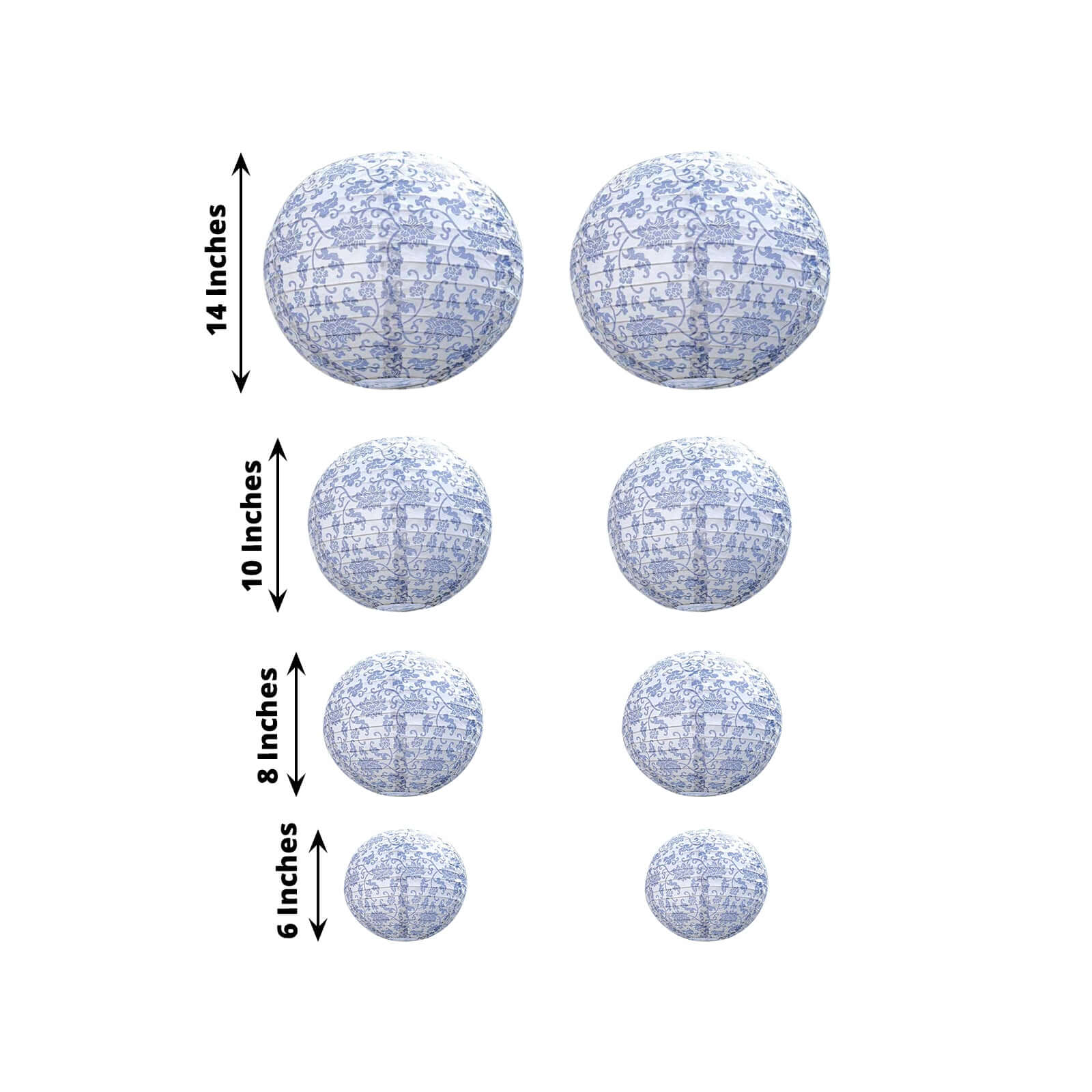 Set of 8 White Blue Hanging Chinese Lanterns in French Toile Floral Pattern, Festival Paper Lanterns - 6",8",10",14"