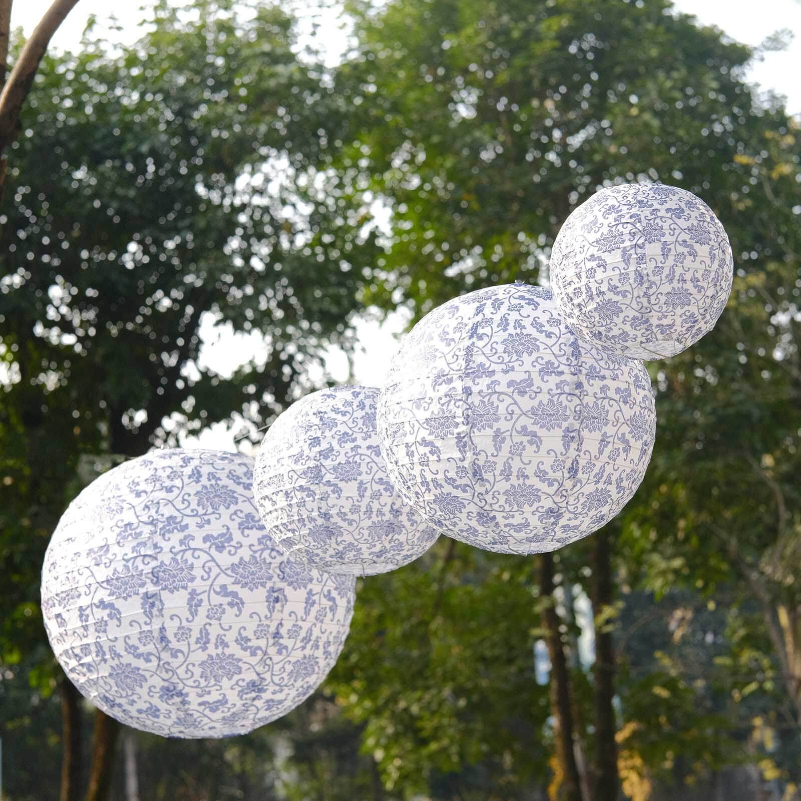 Set of 8 White Blue Hanging Chinese Lanterns in French Toile Floral Pattern, Festival Paper Lanterns - 6",8",10",14"