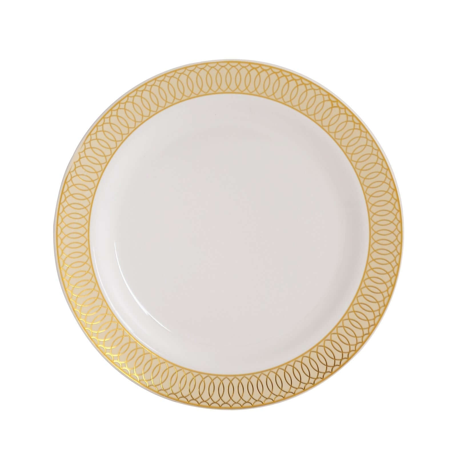 10-Pack Plastic Round Dinner Plates 10" White with Beige Gold Spiral Rim - Chic Disposable Party Plates