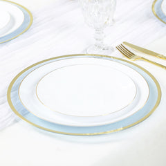 10-Pack Economy Plastic Round Charger Plates 12" in Transparent Dusty Blue with Wide Gold Rim, Decorative Dinner Party Serving Plates
