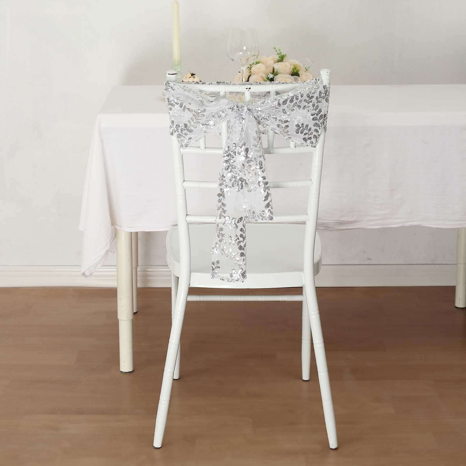 5 Pack Tulle Chair Sashes with Leaf Vine Embroidered Sequins Silver 6"x88"