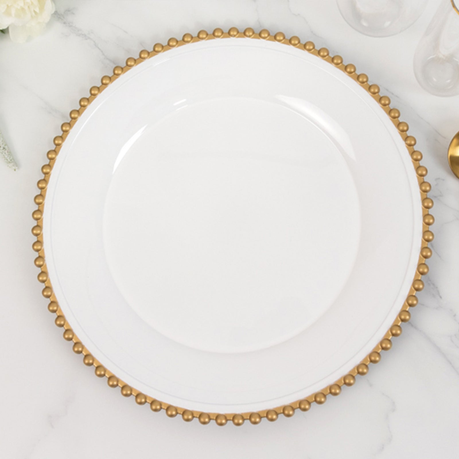 6-Pack Acrylic Round Charger Plates 13" in White with Gold Beaded Rim, Decorative Dinner Party Charger Tableware