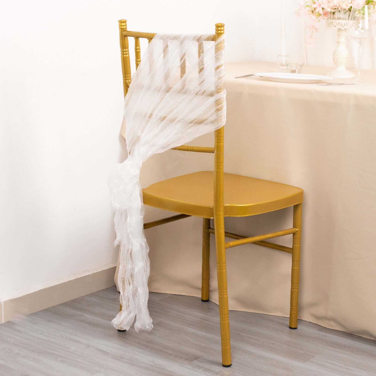 5 Pack Crinkled Organza Chair Sashes White with Shimmer Chiffon Layers - Stylish Sheer Decor for Weddings & Gatherings