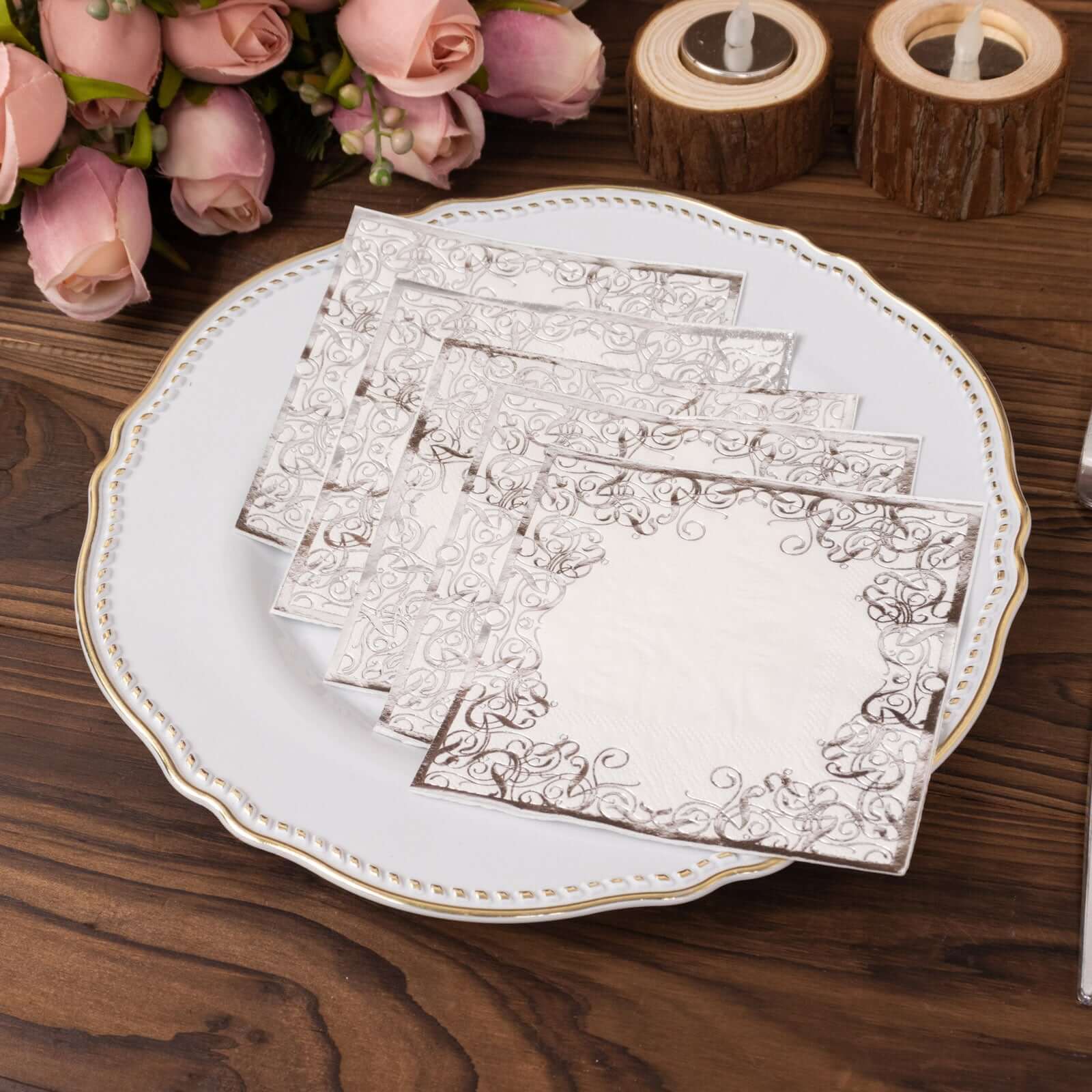 20-Pack Paper Beverage Napkins with Silver Foil Lace Design White - 3 Ply Disposable 18GSM European Style Cocktail Napkins 5"x5"