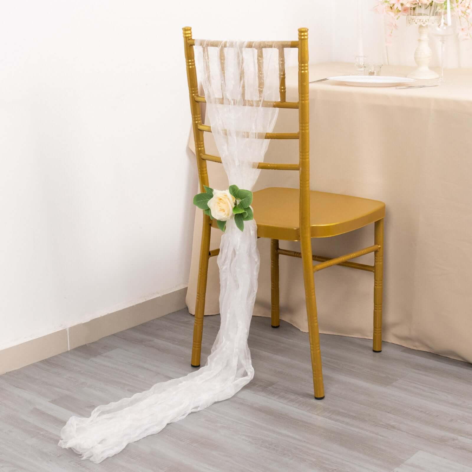5 Pack Crinkled Organza Chair Sashes White with Shimmer Chiffon Layers - Stylish Sheer Decor for Weddings & Gatherings