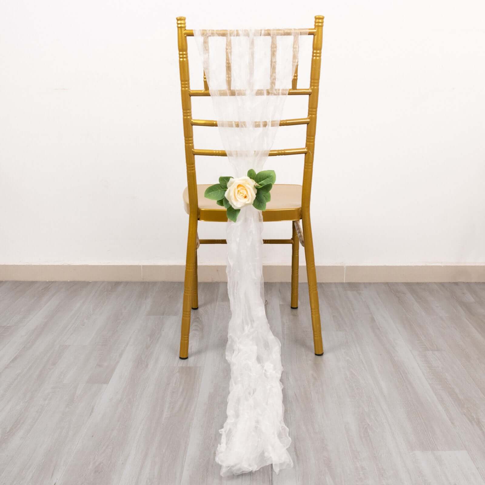 5 Pack Crinkled Organza Chair Sashes White with Shimmer Chiffon Layers - Stylish Sheer Decor for Weddings & Gatherings