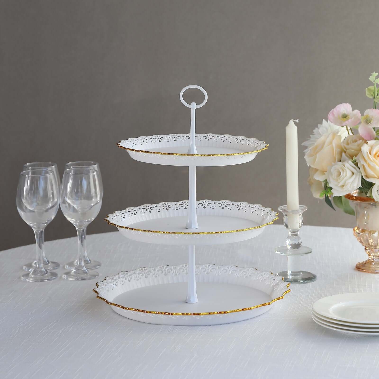 3-Tier Plastic Round Cupcake Stand 15" White with Lace Gold Rim Scalloped Edges