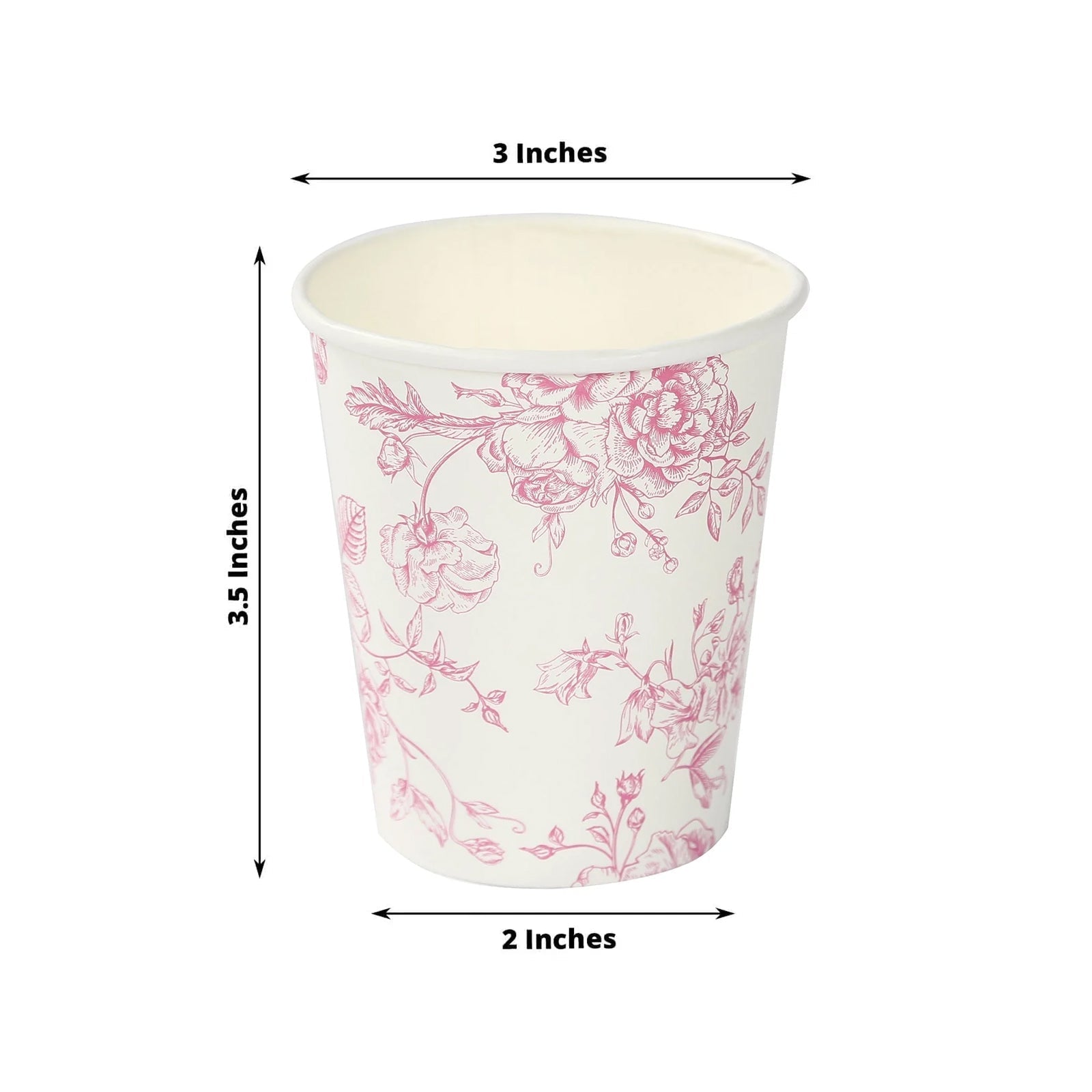 24-Pack Paper Cups in White with Pink French Toile Print - Stylish Disposable Floral Party Cups for Weddings & All Purpose Use 9oz