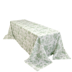 Polyester 90"x156" Rectangle Tablecloth White - Seamless Dusty Sage Green French Toile Pattern for Grand Occasions