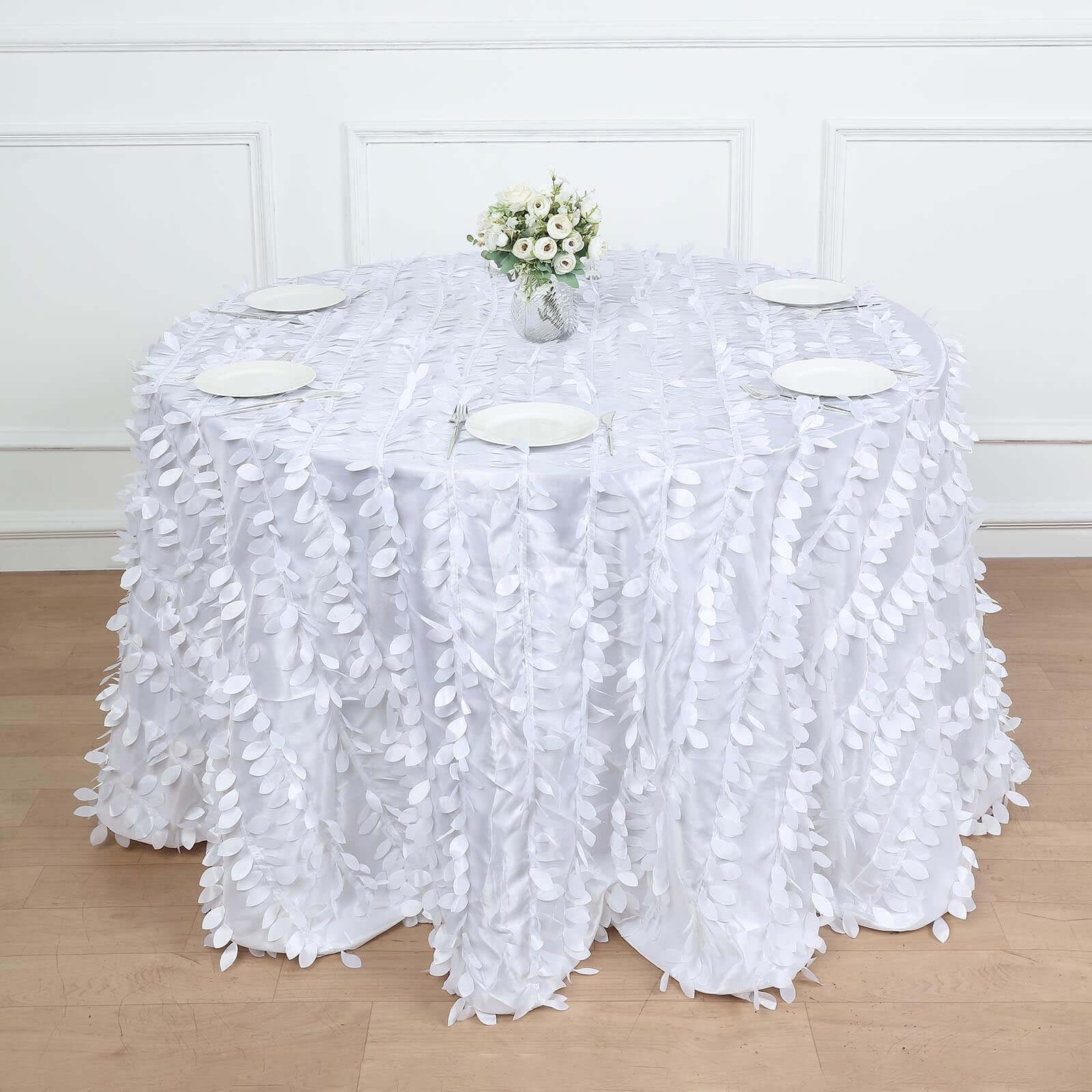 Taffeta 132" Round Tablecloth White 3D Leaf Petal Design Seamless Table Cover for Chic Wedding & Event Decor