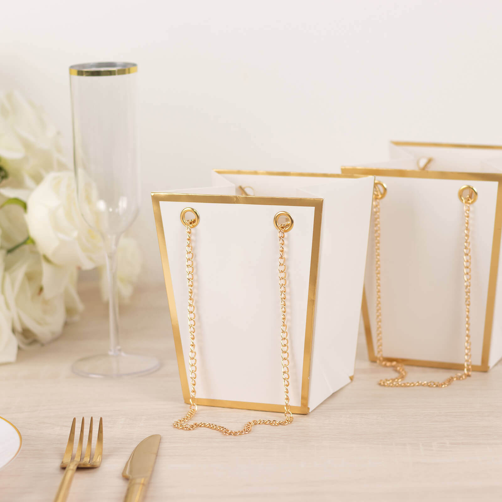 6 Pack White Gold Edge Paper Flower Gift Bags With Metal Chain Handles, Trapezoid Party Favor Tote Bags - 5"x6"