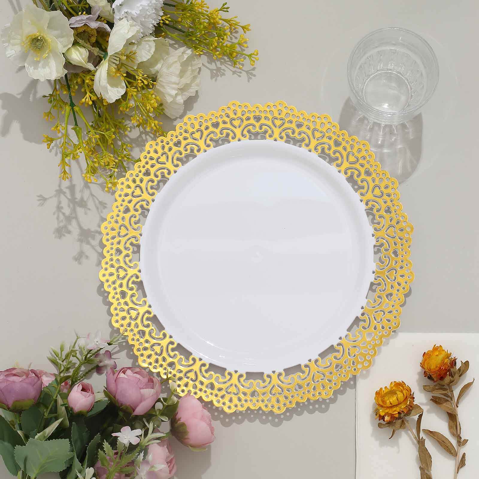10-Pack Plastic 10" Round Dinner Plates in White with Gold Lace Rim - Disposable Party Plates for Classy Events & Banquets