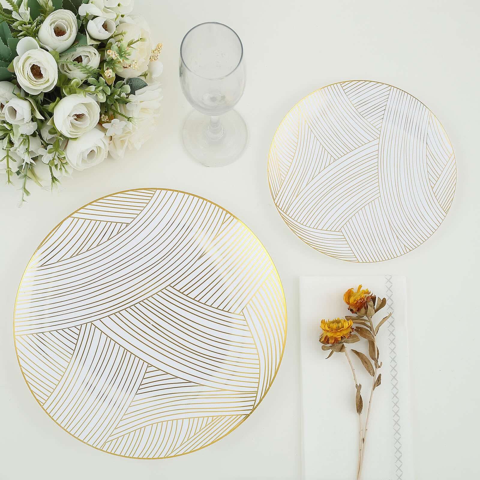10-Pack Plastic 7" Round Dessert Plates in White with Gold Wave Brush Strokes Pattern - Disposable Appetizer Salad Plates for Modern & Classy Table Decor