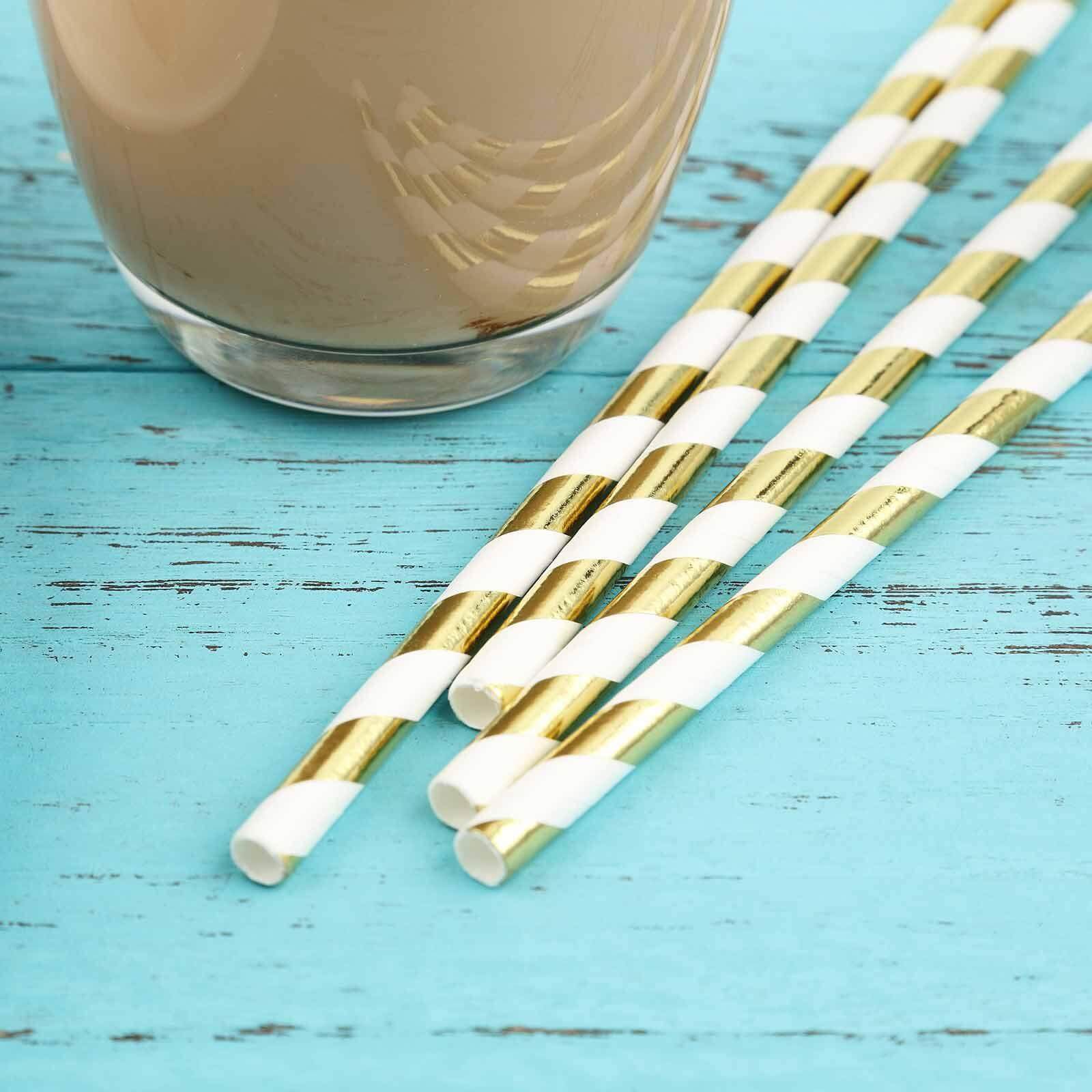 25-Pack Paper Straws White/Gold Striped - Stylish Disposable Straws for Drinks 8"