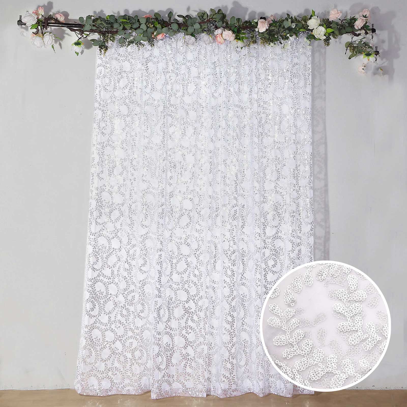 8ftx8ft Silver Embroider Sequin Event Curtain Drapes, Sparkly Sheer Backdrop Event Panel With Embroidery Leaf