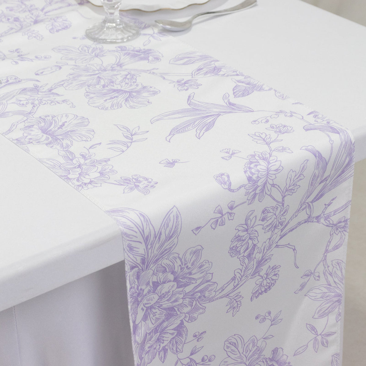 Polyester Table Runner 12"x108" White with Lavender Lilac French Toile Floral Print - Stylish Reusable Table Décor